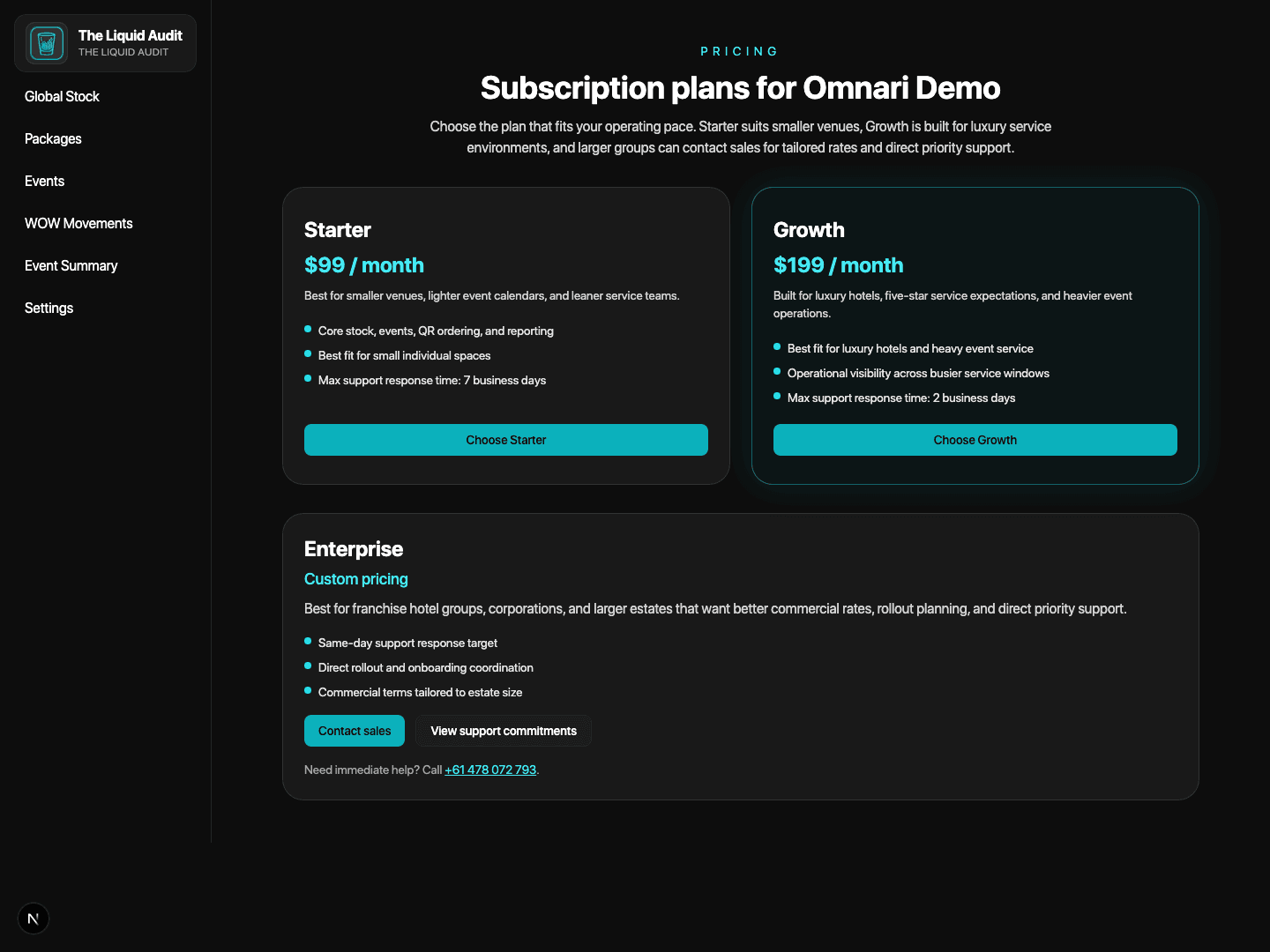 The Liquid Audit billing screen